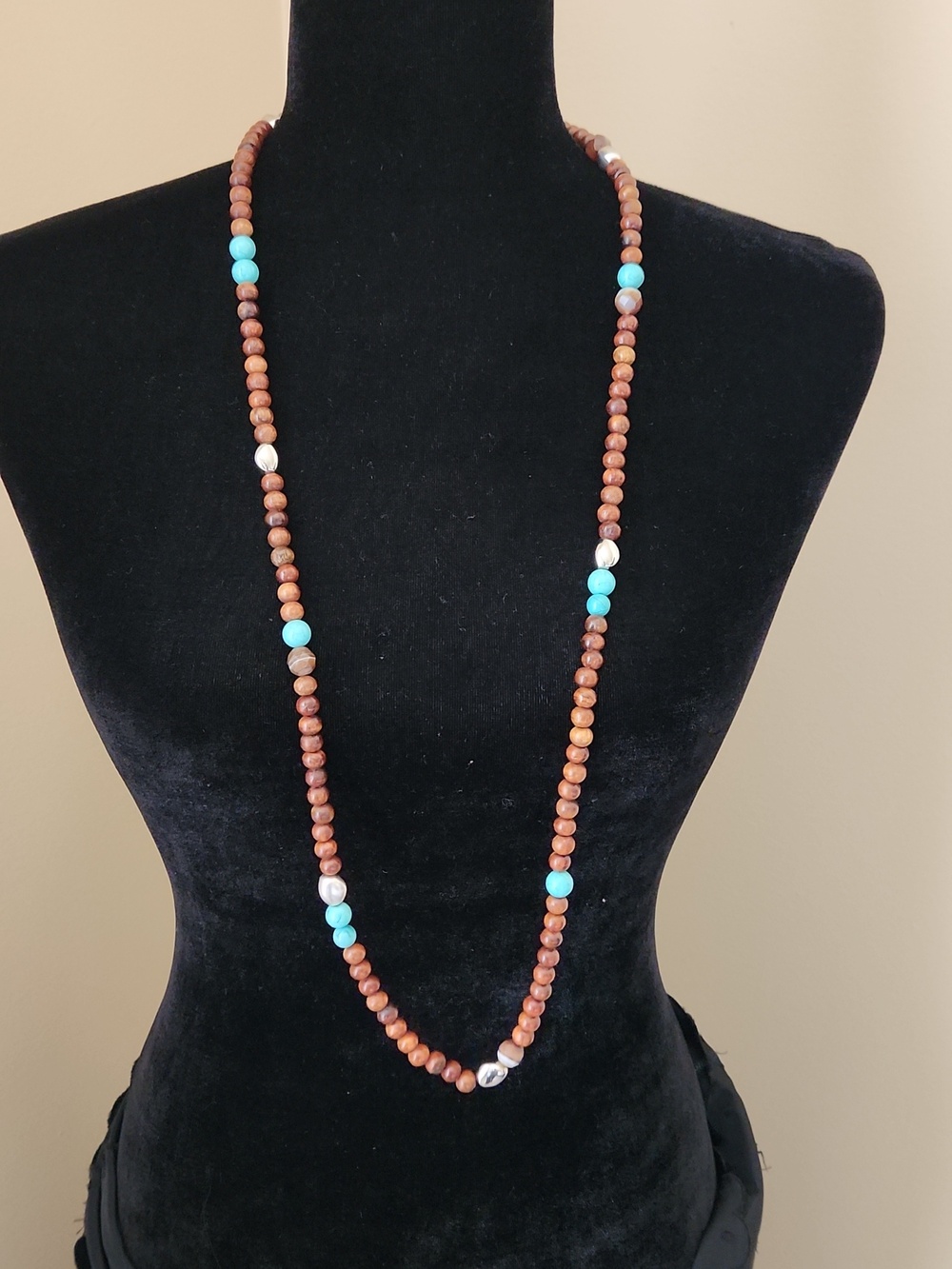 FOSSIL  Wood & Turquoise Bead Necklace with Cream Accents